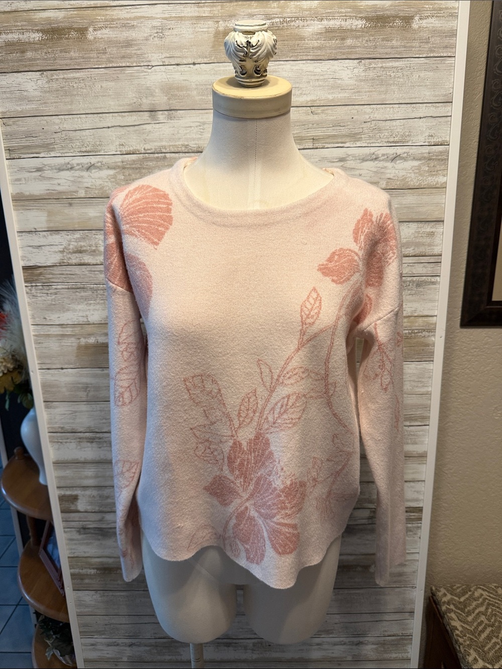 Tahari Blush Pink Floral Crewneck Sweater